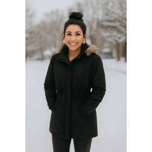 Madewell Black Faux Fur Hood Parka Coat‎ Drawstring Waist Size Medium